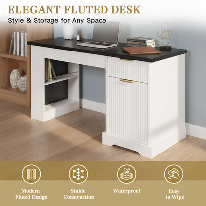 55' Modern Fluted Office Desk with Storage Cabinet and Drawers, Computer Writ...