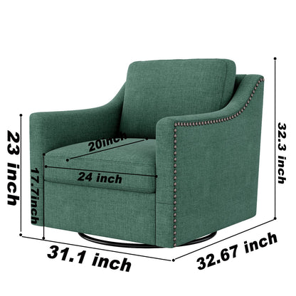 Accent Chair Swivel 360 Degree Linen Blackish Green Brass Nailheads 300 LB