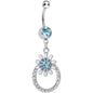 Aqua Crystalline Gem Paved Ring Bursting Flower Dangle Belly Ring