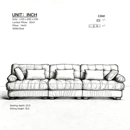 Sectional Sofa Cloud Modular Flannelette Beige 3 Seat 123 In 5 Pillows