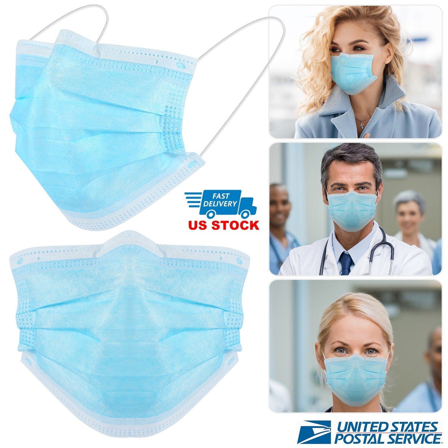 50Pcs 3-Layers Disposable Face Masks Elastic Earloop 95% Melt-Blown Filter Sanitary Face Mask