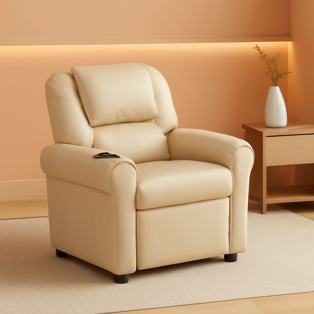 Beige Kids Recliner With Cup Holder For Cozy Seating