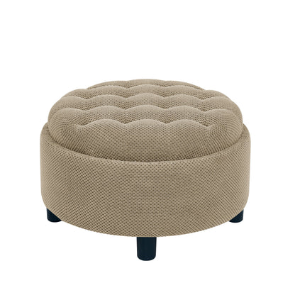 25 Inch Round Storage Ottoman with Wooden Top Side Table, Camel Fabric