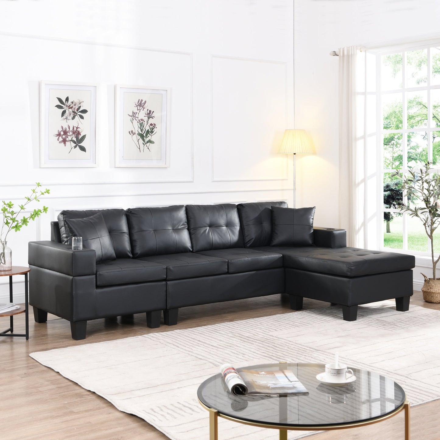 Sectional Sofa L-Shape Chaise PU Leather Black 4-Seat Cup Holders 96x57 In