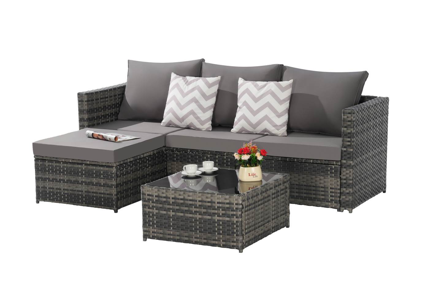 Outdoor Patio Set PE Rattan Metal Dark Gray 3 Piece Ottoman Table