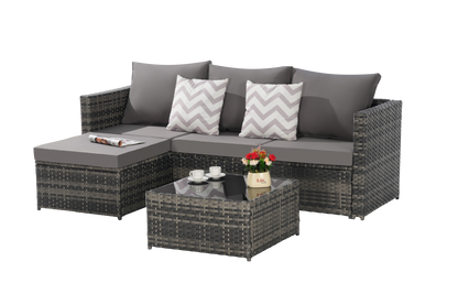 Outdoor Patio Set PE Rattan Metal Dark Gray 3 Piece Ottoman Table