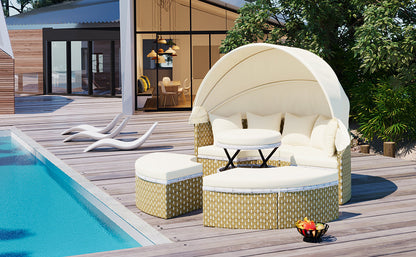 Outdoor Patio Round Rattan Daybed Sectional Beige Retractable Canopy