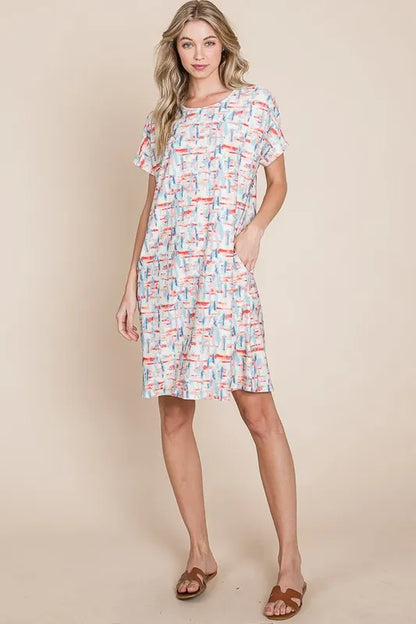 BOMBOM Printed Round Neck Short Sleeve Tee Dress