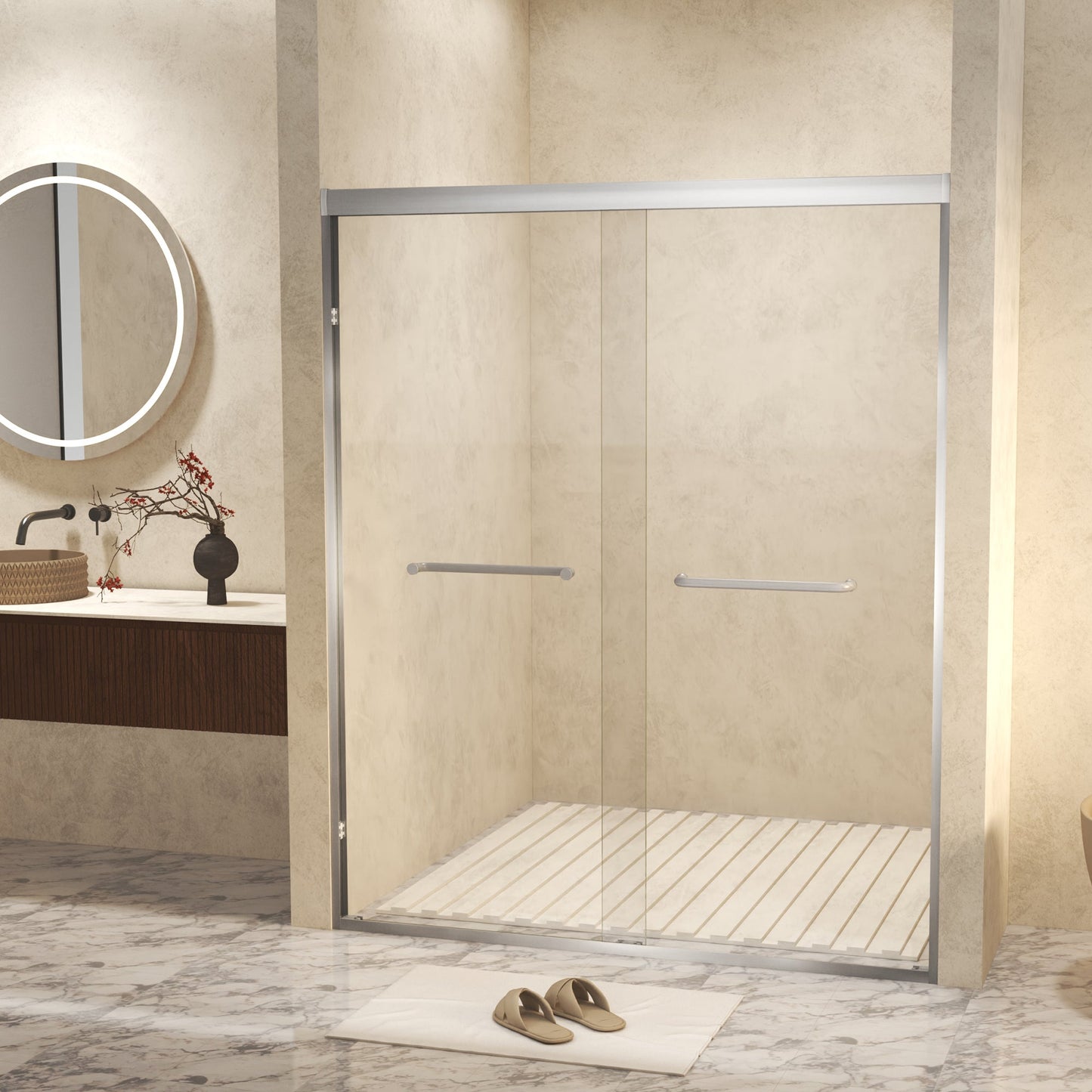56-60in x 72in Aluminum Frame Double Sliding Shower Door, Brushed Nickel, 6mm
