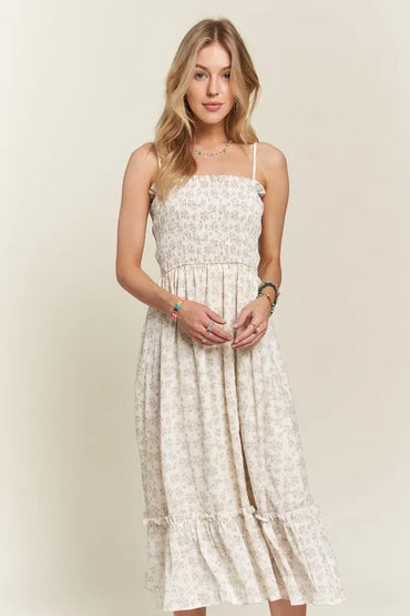 Smocked Floral Ruffled Hem Cami Dress For Women – Boho-Inspired Smocked Floral Cami Fluttering Dress with Playful Ruffled Hem