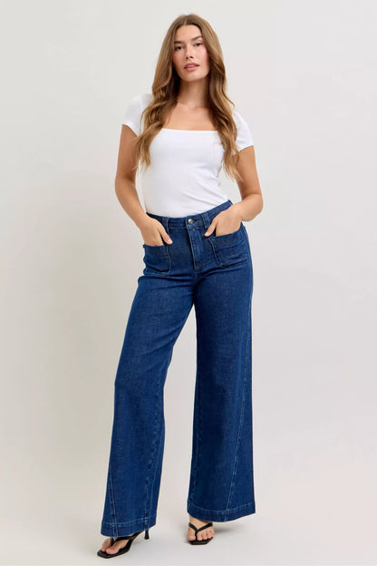 Judy Blue High-Waisted Retro Wide Jeans with Patch Pkts & Twisted Seams