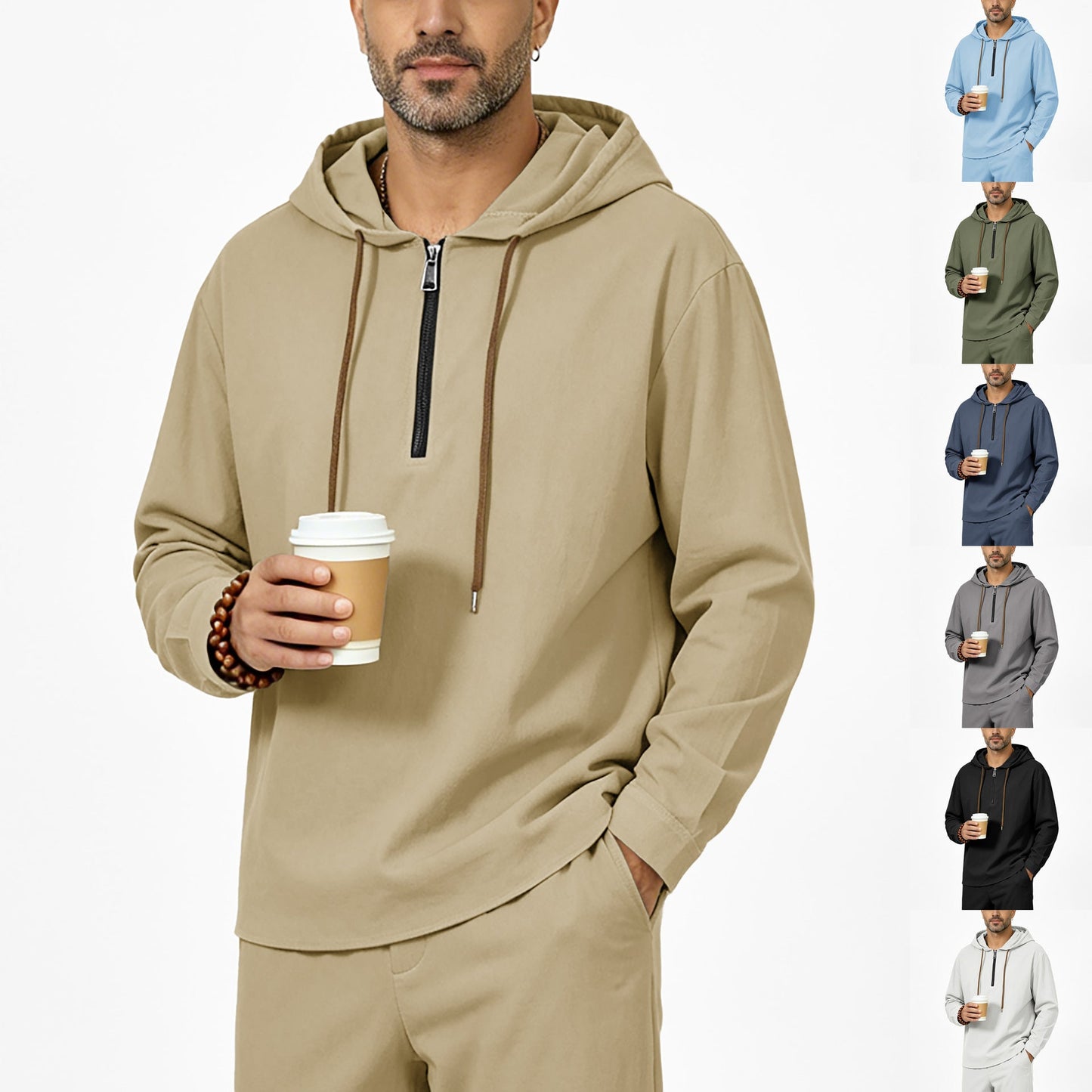 Mens Linen Hooded Half-Zip Sweatshirt