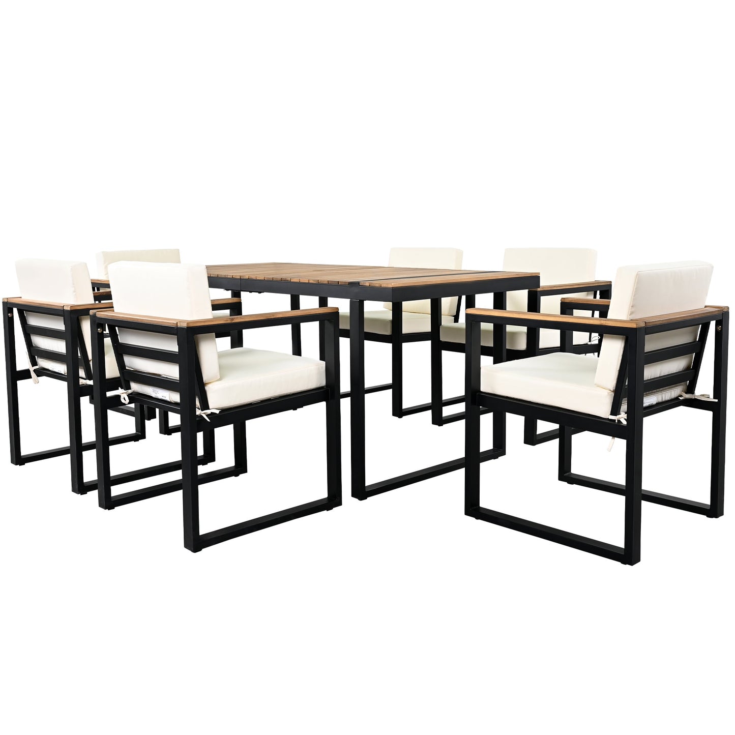 Outdoor Dining Set Acacia Wood Steel Beige Cushion 7 Piece Umbrella Hole