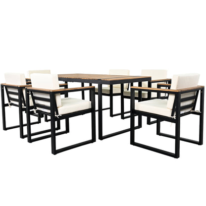 Outdoor Dining Set Acacia Wood Steel Beige Cushion 7 Piece Umbrella Hole