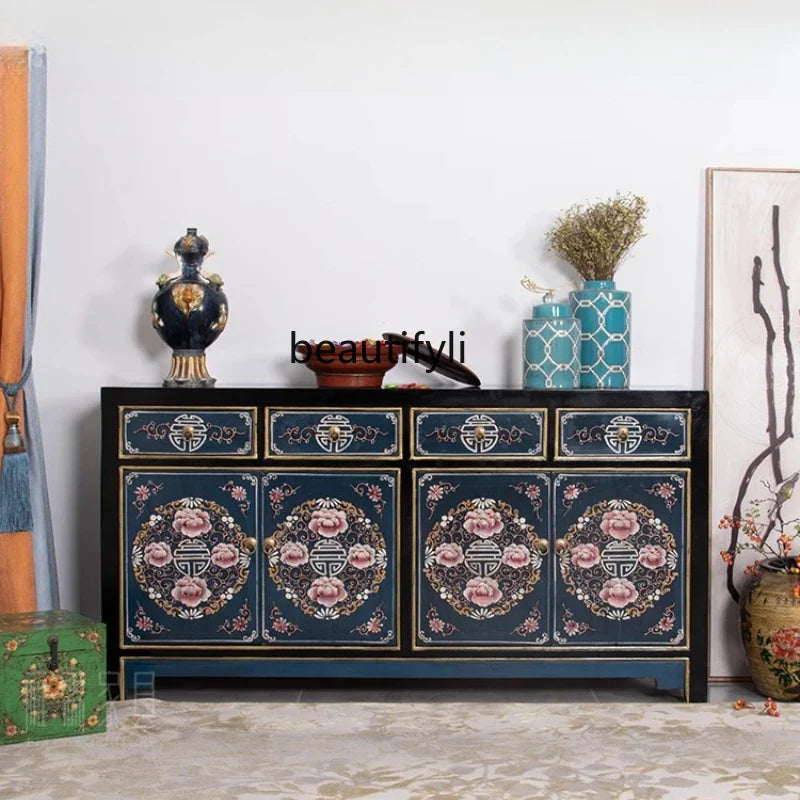 Antique-Style Chinese Hand-Painted Solid Wood Cabinet, 160 × 43 × 85 cm