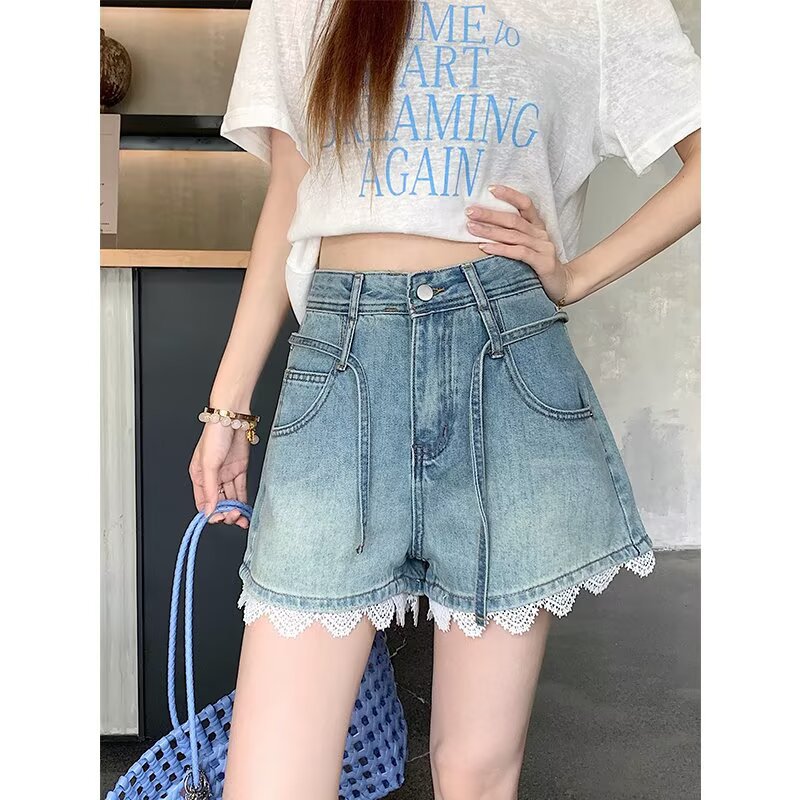 Plus-size Lace-trimmed High-waisted Denim Shorts