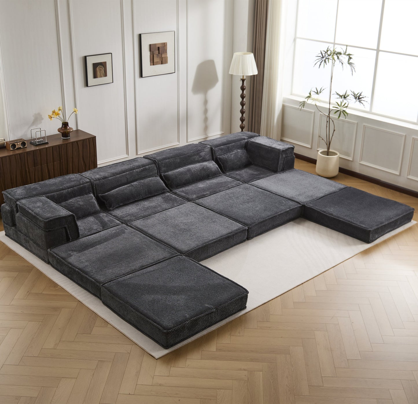 Sectional Sofa Modular Circle Fleece Dark Gray 4 Seat Ottoman 157 In