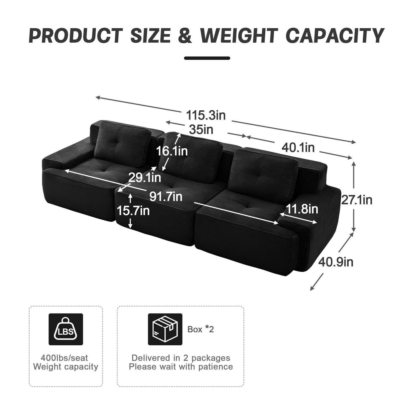 Sectional Sofa Modular Corduroy Black 3 Seat Tufted No Assembly