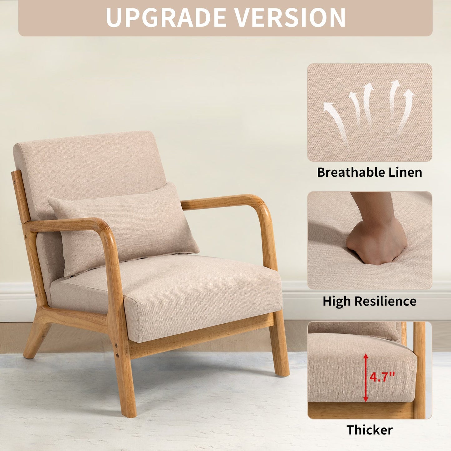 Accent Chair Mid-Century Linen Beige Solid Wood Arms and Legs 23x30x30 In