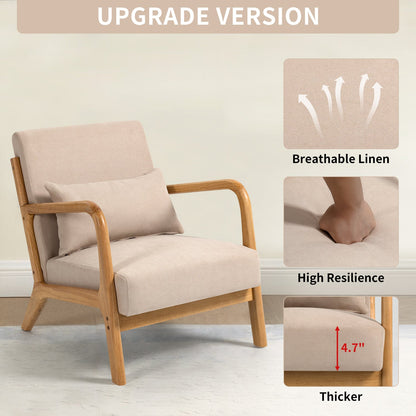 Accent Chair Mid-Century Linen Beige Solid Wood Arms and Legs 23x30x30 In
