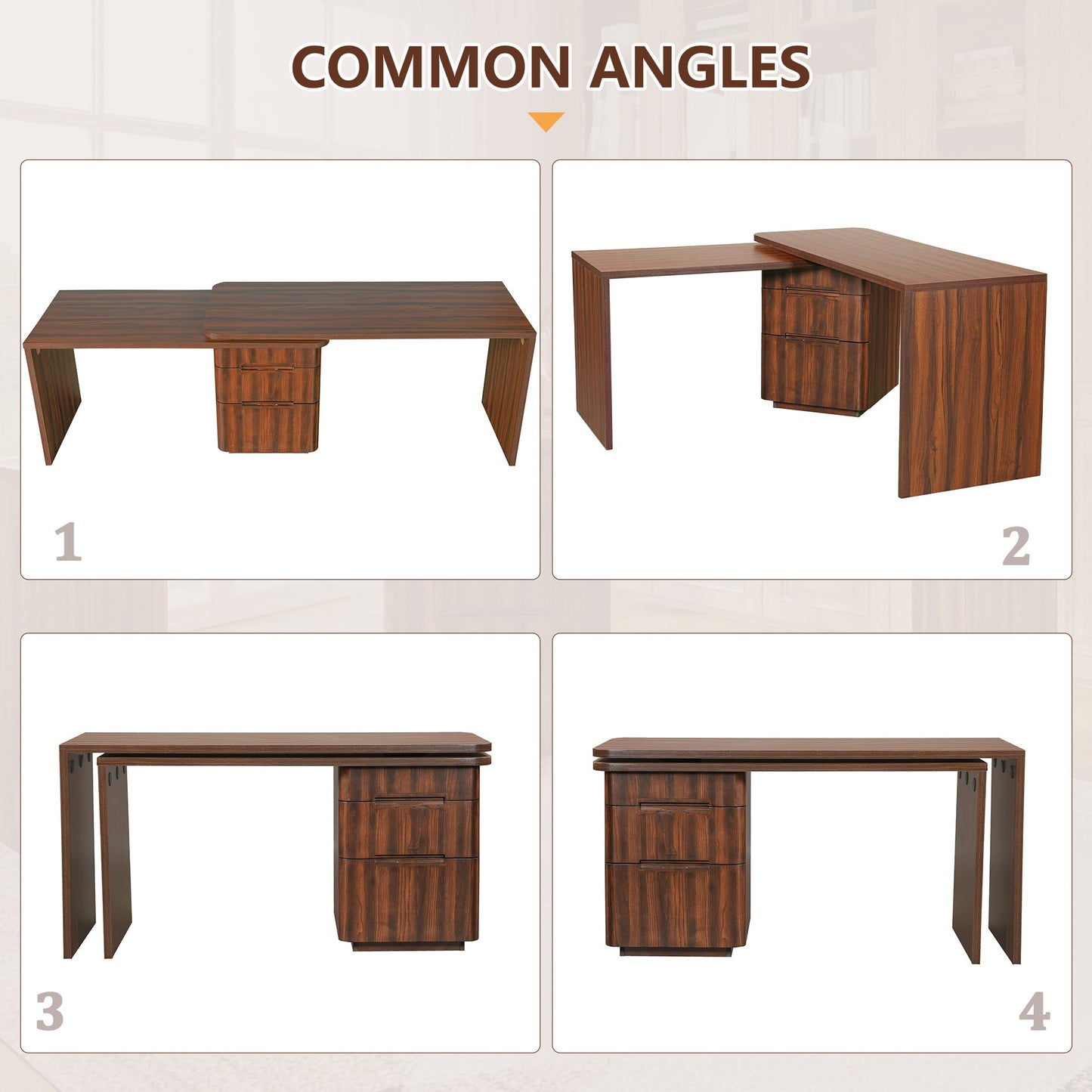 90' Modern L Shaped Desk in Walnut with 3 Drawers,360deg Wood Rotating Desk,Exe...