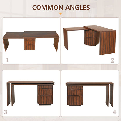 90' Modern L Shaped Desk in Walnut with 3 Drawers,360deg Wood Rotating Desk,Exe...