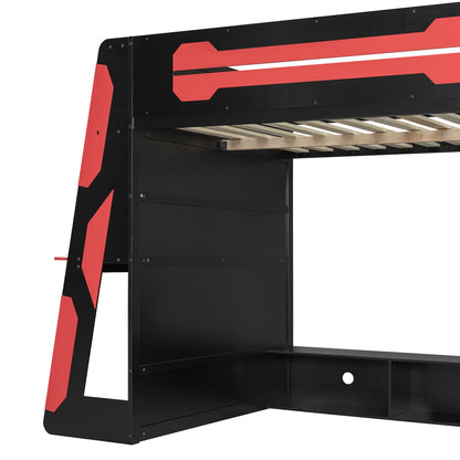 Full Size Wood Loft Bed with Desk, Multi-storage Shelves and RGB Light, Red