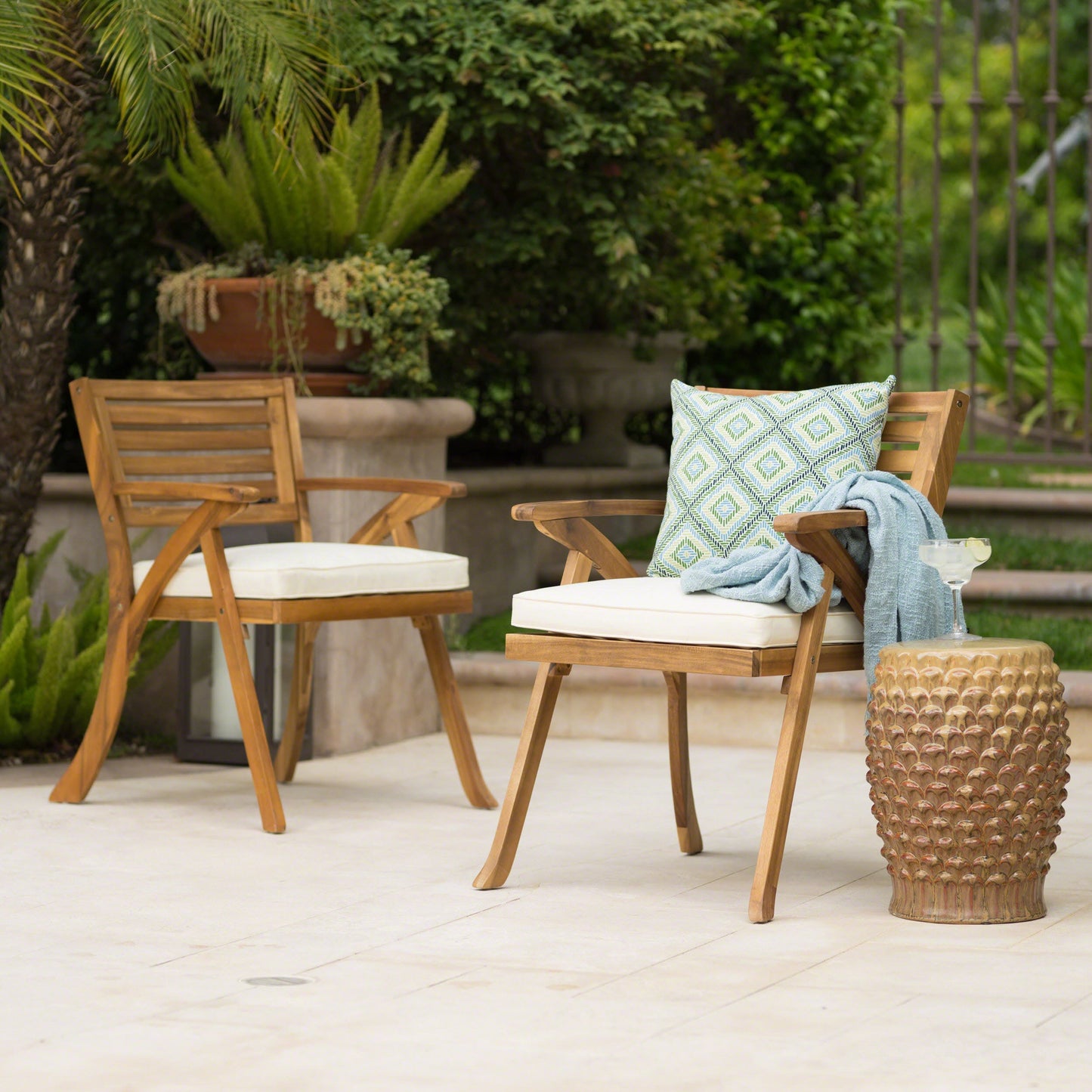 Outdoor Dining Chair Acacia Wood Teak Cream Cushion Set 2 27.5