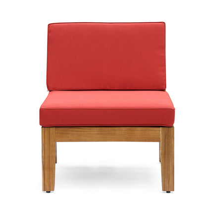 Outdoor Sectional Set Acacia Wood Teak Red Cushions 8 Seat Slatted