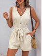 Perfee Striped V-Neck Tie Waist Romper