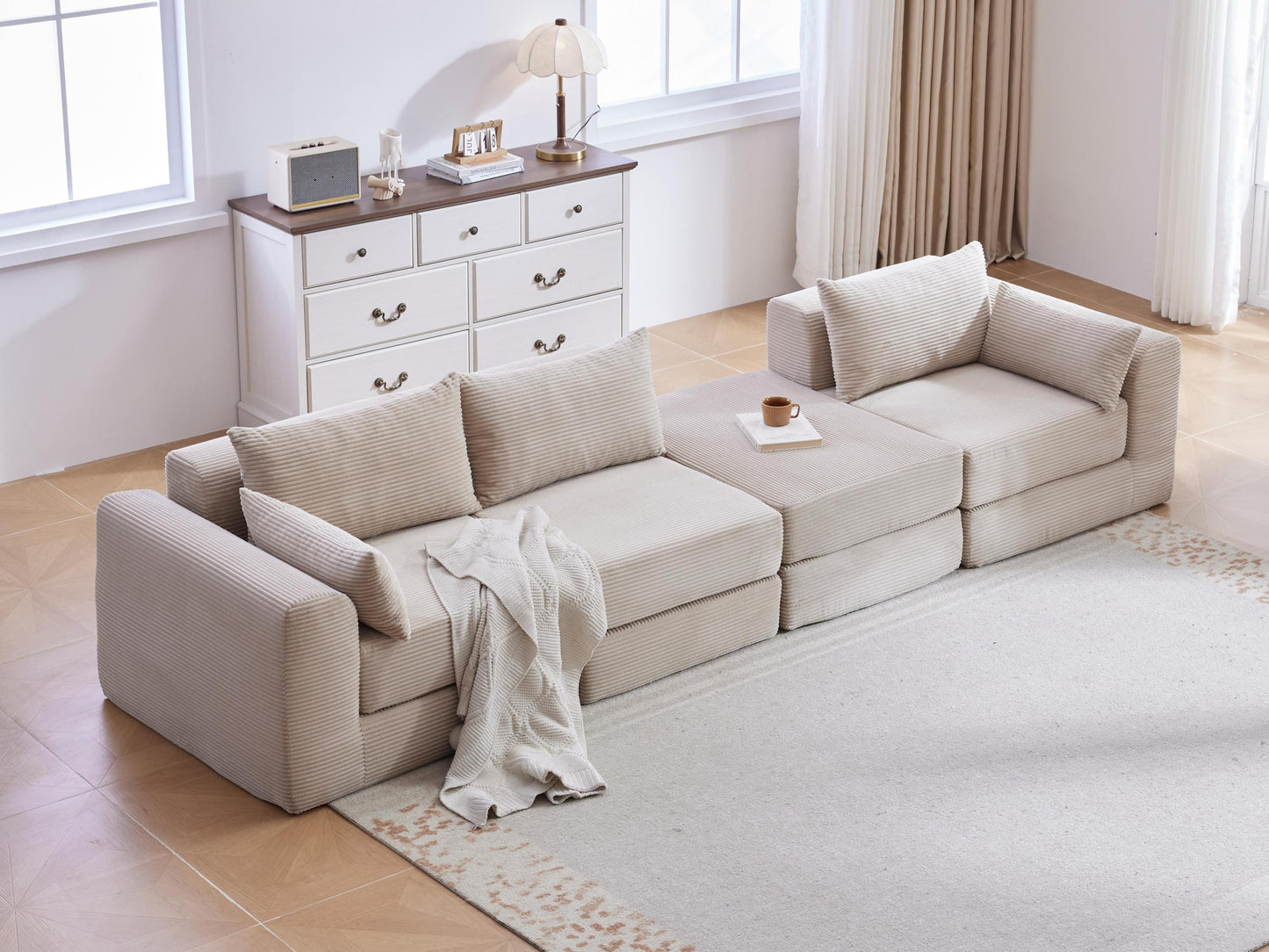 Sectional Sofa L-Shape Fabric Camel 4 Seat 100 In 5 Pillows No Assembly