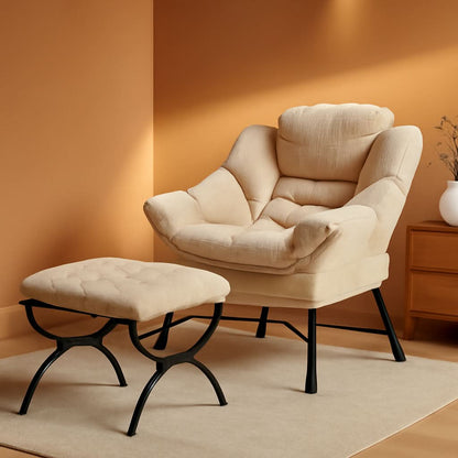 Oversized White Corduroy Reading Chair With Ottoman