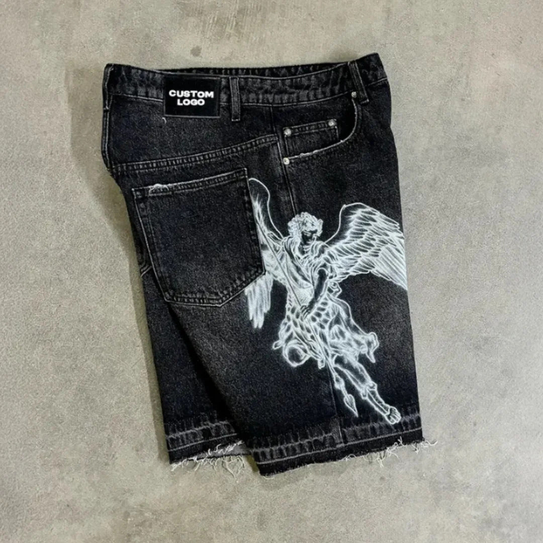Retro Loose-fit Printed Denim Shorts