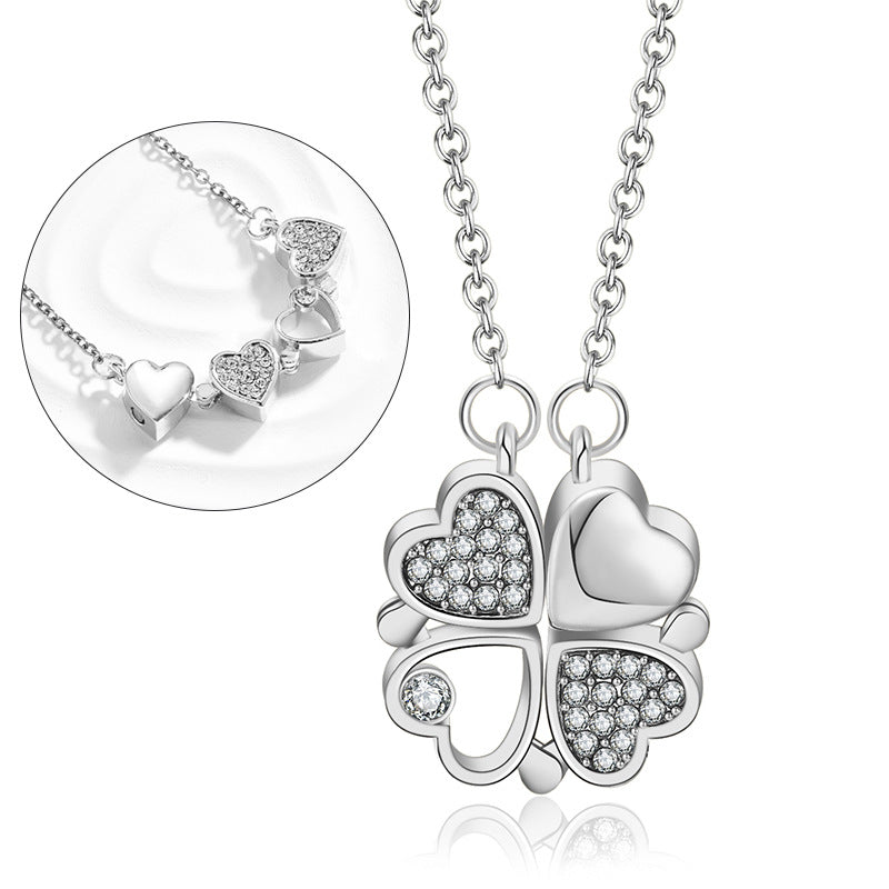 Magnetic Foldable Four Leaf Clover Necklace For Women, Convertible 4 Heart Pendant Collarbone Chain, Dainty Zircon Sweater Chain Fashion Jewelry