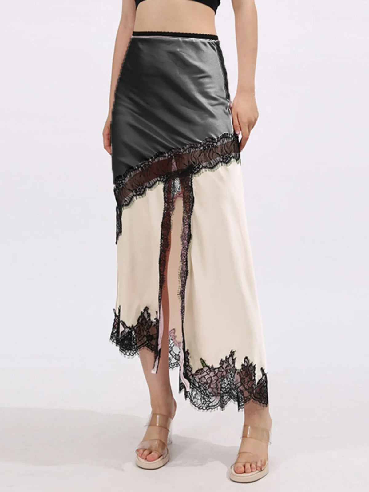 Lace Trim Asymmetrical Midi Skirt