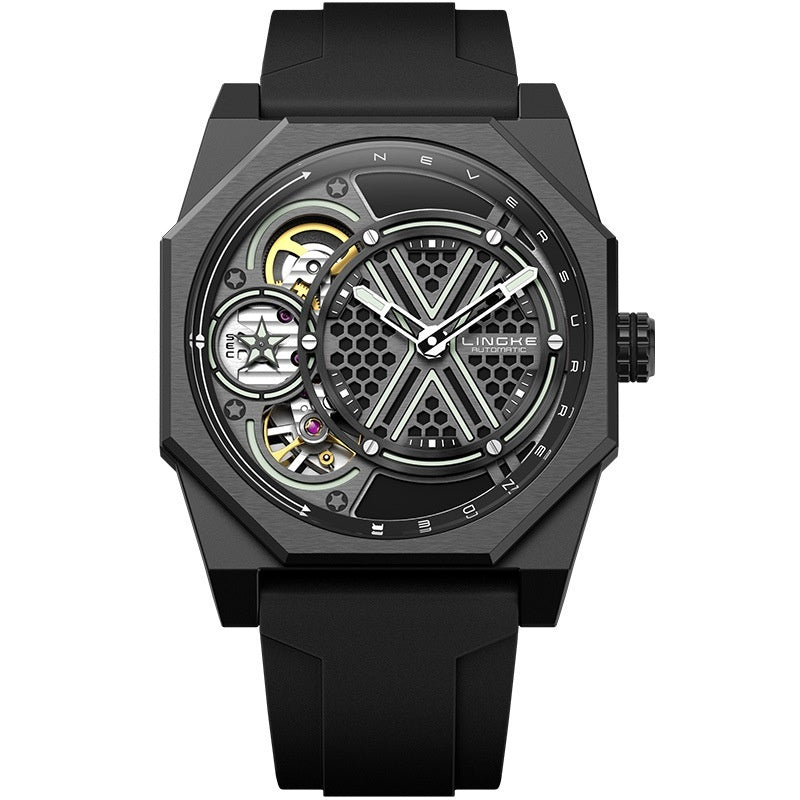 Mens Watch Tonneau-shaped Skeleton Dual-movement Quartz Wristwatch