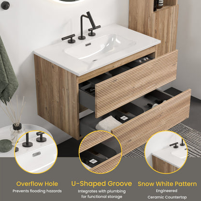 30' Wall Mounted Rough Oak&Rough Oak Bathroom Vanity with Integrated Ceramic ...