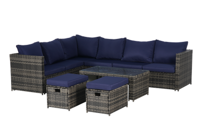 Outdoor Patio Rattan Set 6 Piece Seats 8 Dark Blue