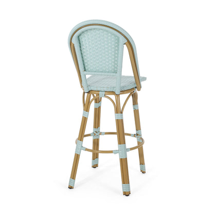 29.5 Inch Outdoor PE Rattan Aluminum French Barstools, Set of 2, Light Teal