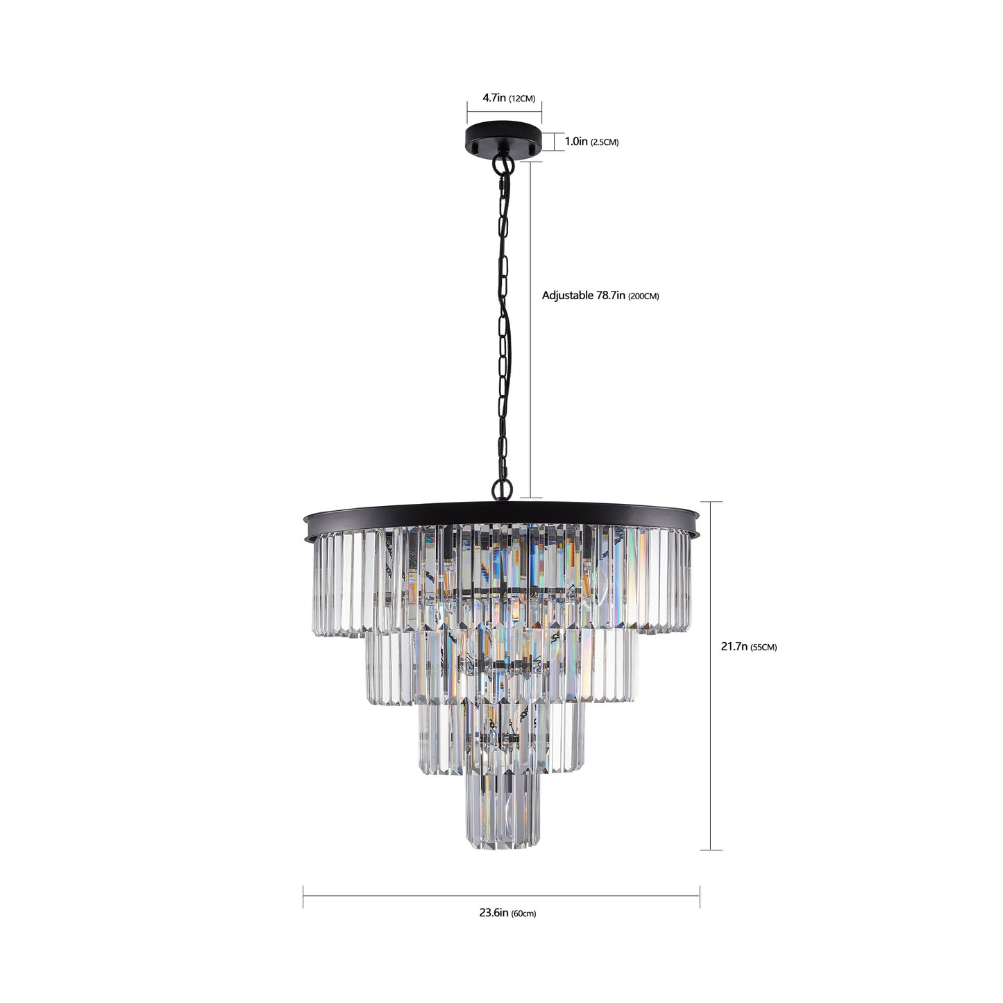 Chandelier Crystal 4-Tier Black 24 In Modern Living Dining Room