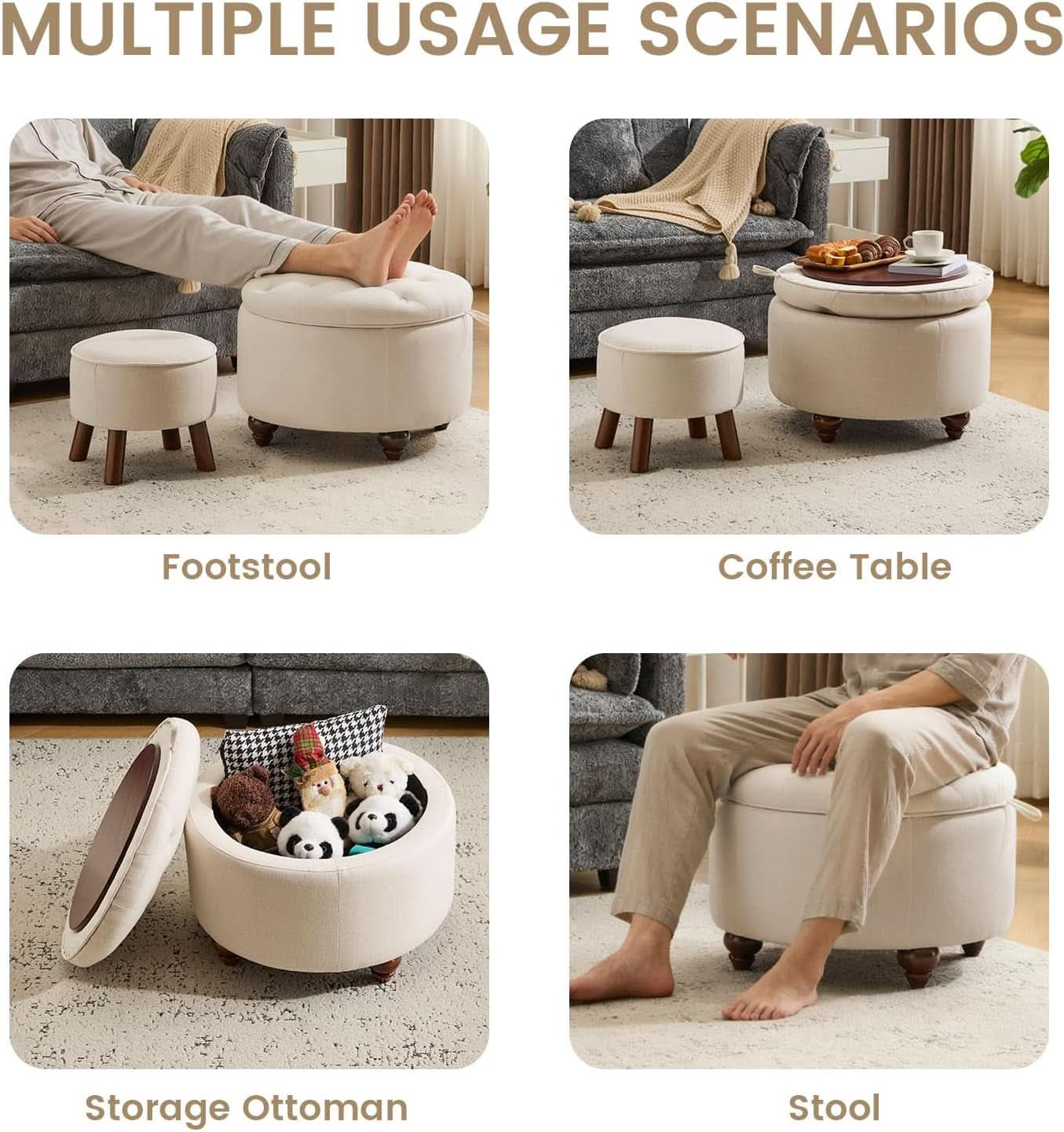 24 Inch Round Khaki Storage Ottoman Removable Top Cover