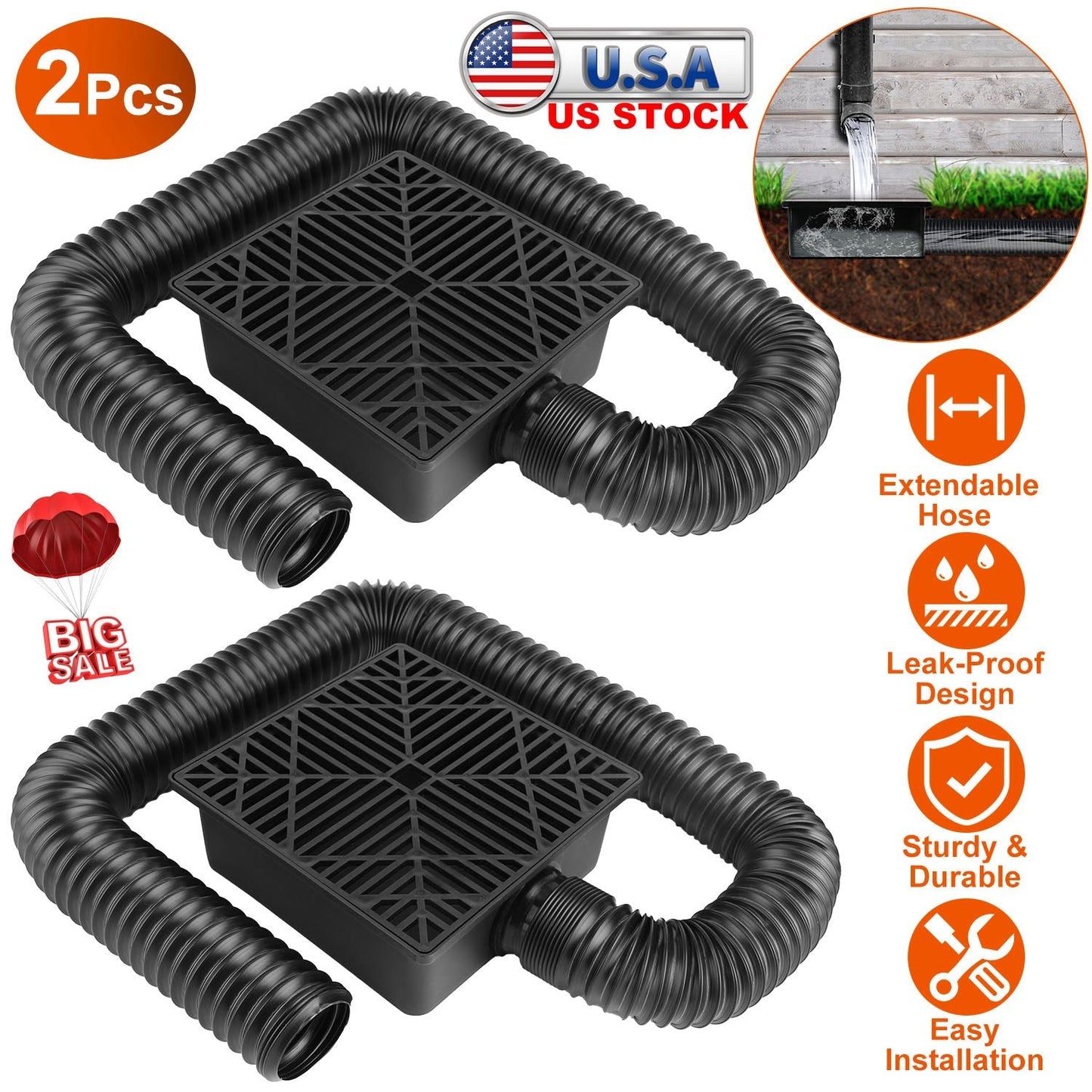 2Pcs Gutter Downspout Extension Low Profile No Deep Digging Catch Basin Downspout Extender with 4.9FT Flexible Extendable Hose For House Foundation Pr