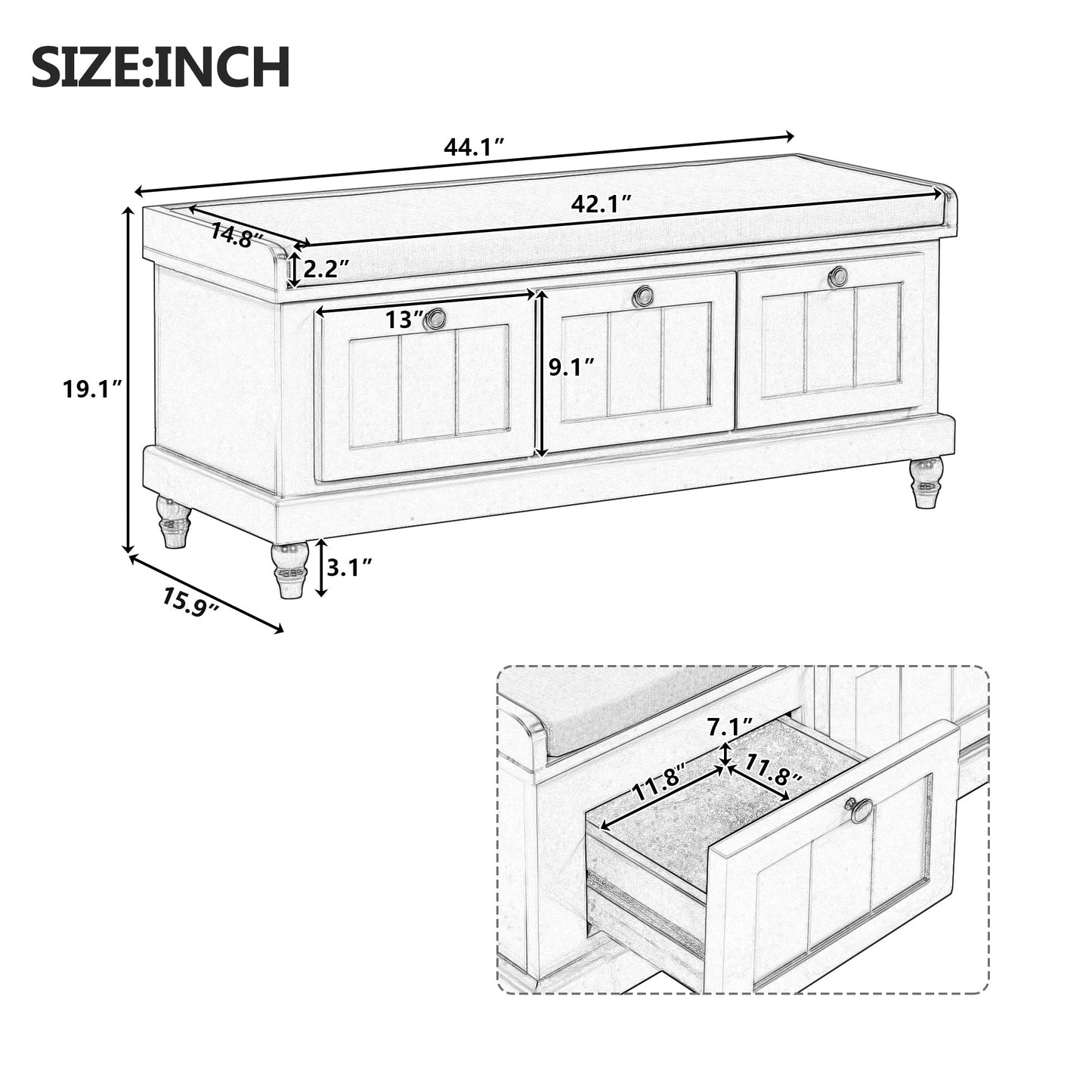 Entry Bench Fluted MDF White Cushioned Seat 3 Drawers 44x16x19