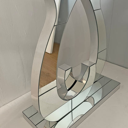 Modern Mirror Side Table, Glass, Double C-Shaped Base, Hall Table, Silver