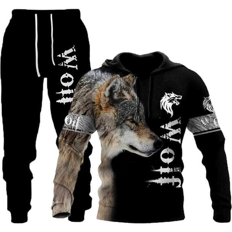 Animal-print Hooded Pullover Sweatshirt And Menswomens Sportswear Set