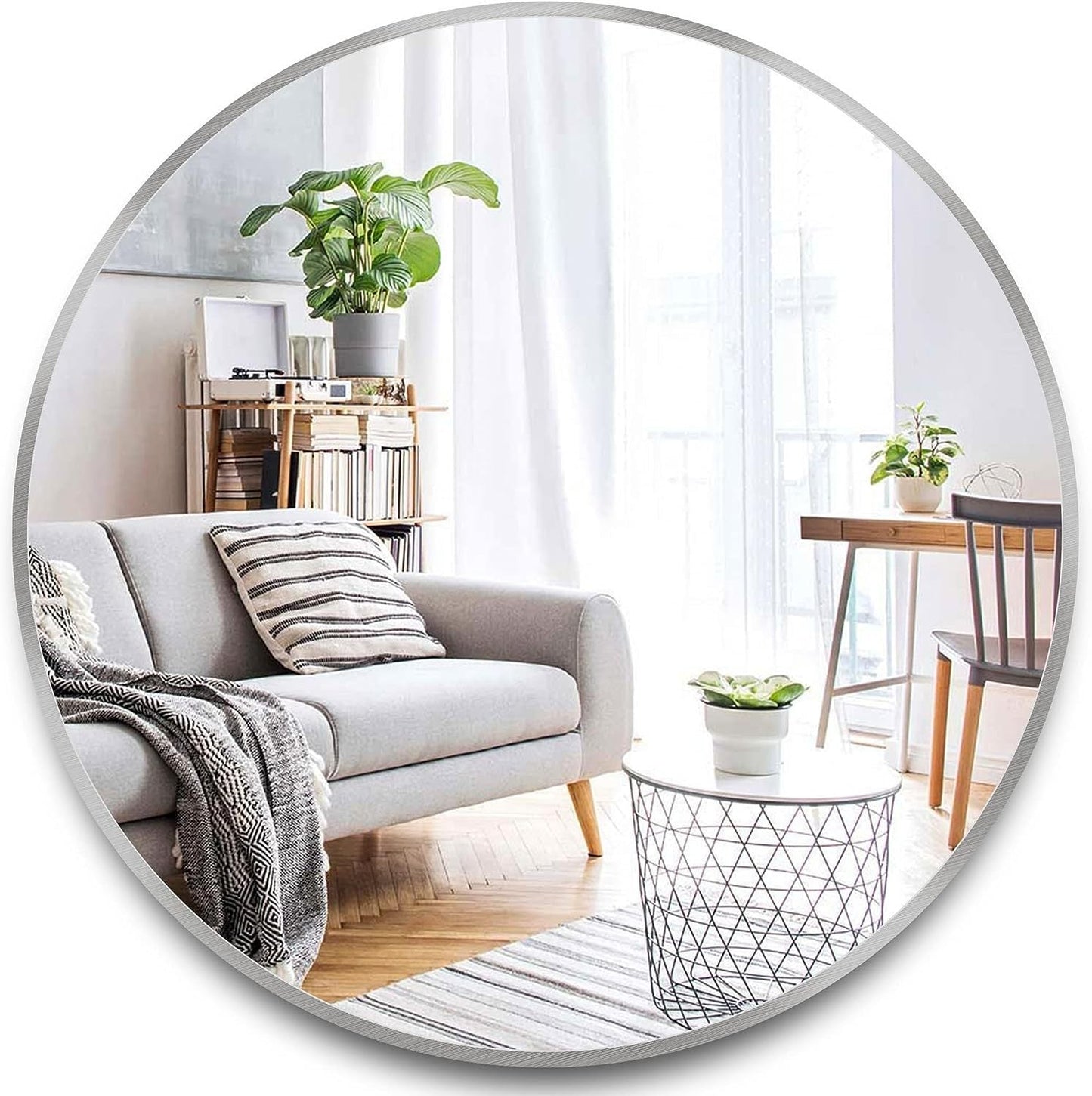 Wall Mirror Round Aluminum Frame Silver 42 In HD Glass Shatterproof Film