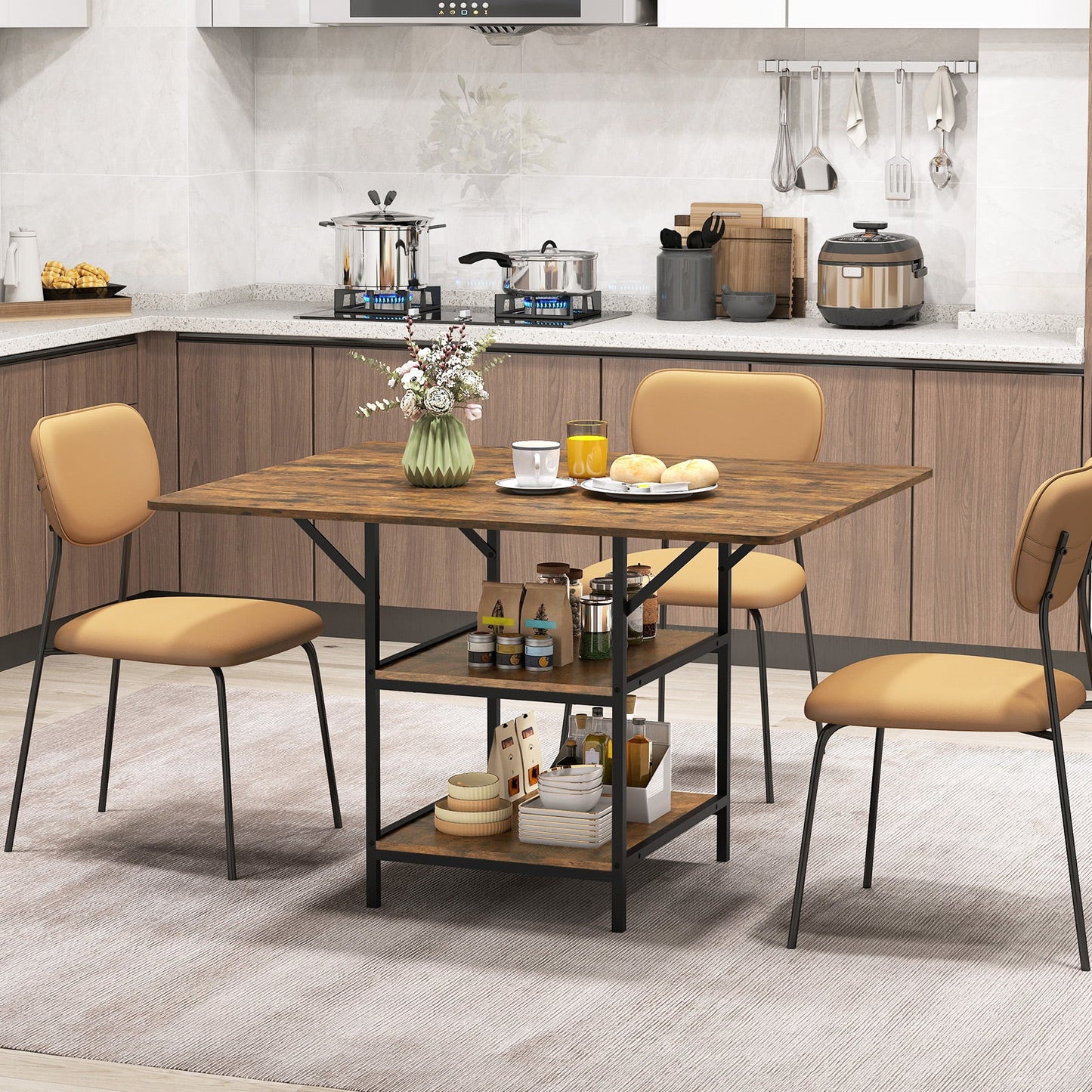 47 Inch Rectangular Dining Table with 2 Open Storage Shelves and Sturdy Metal Legs for 4-6