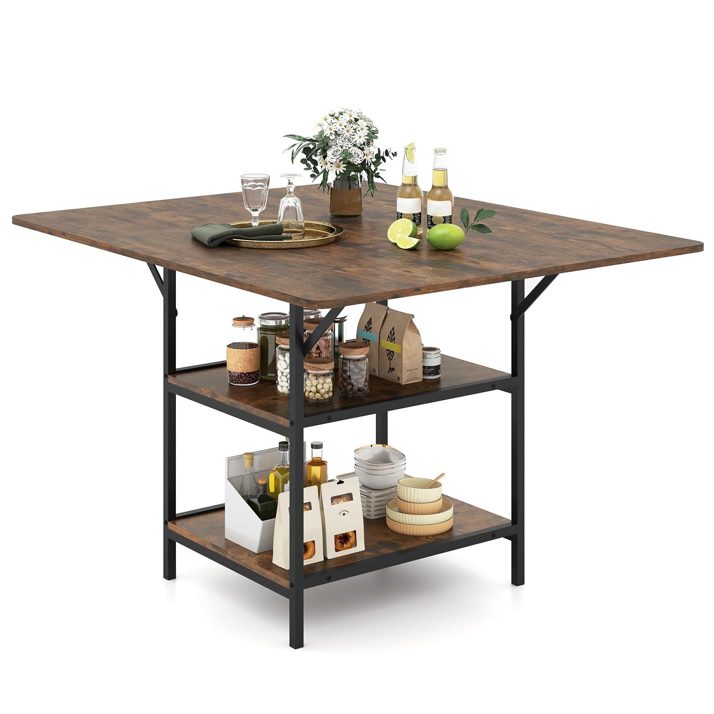 47 Inch Rectangular Dining Table with 2 Open Storage Shelves and Sturdy Metal Legs for 4-6