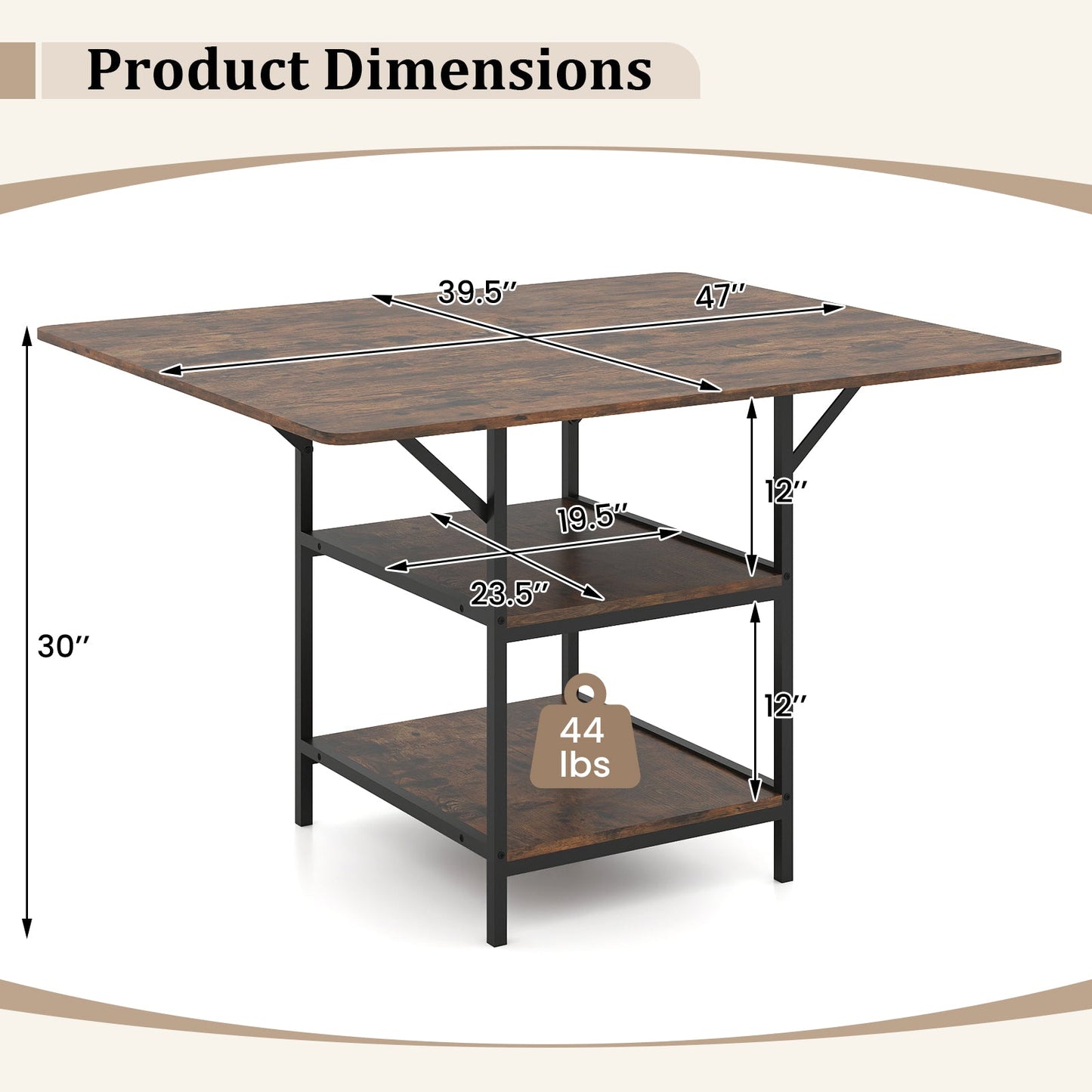 47 Inch Rectangular Dining Table with 2 Open Storage Shelves and Sturdy Metal Legs for 4-6