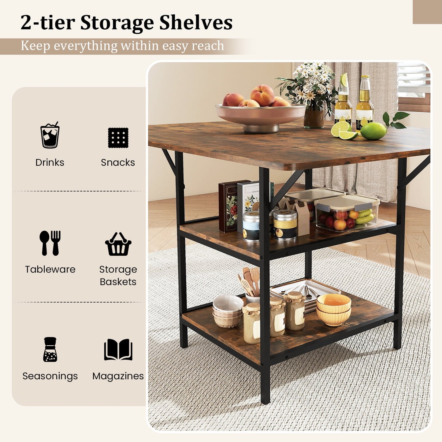 47 Inch Rectangular Dining Table with 2 Open Storage Shelves and Sturdy Metal Legs for 4-6